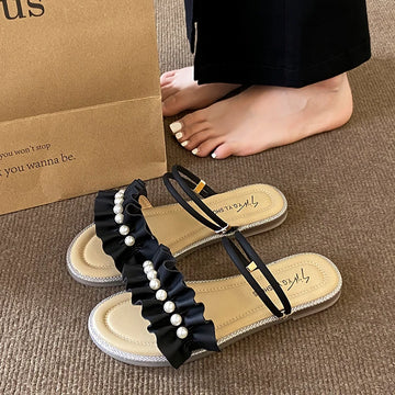 Xajzpa Slippers Women Summer Luxury Slides String Bead Flat Shoes Female Pantofle Designer Soft 2025 Scandals Slippers Women Summer Sli